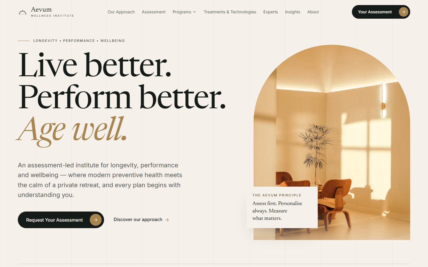 Screenshot of the Aevum Wellness Institute demonstration website homepage: headline 'Live better. Perform better. Age well.' beside an arched interior photograph